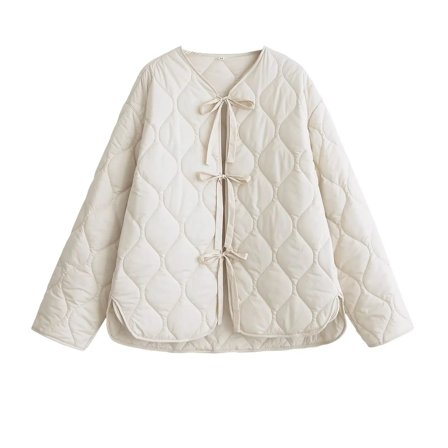 Quilted Jacket Women - Cropped Coat With Bow Lace-Up, Long Sleeve Casual Outerwear - ZOOMNSTORE