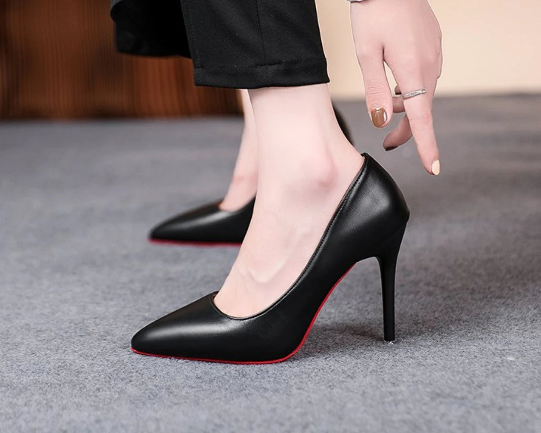 Red High Heels - Women Pumps With Pointed Toe | Classic Slip-On Leather Shoes - ZOOMNSTORE