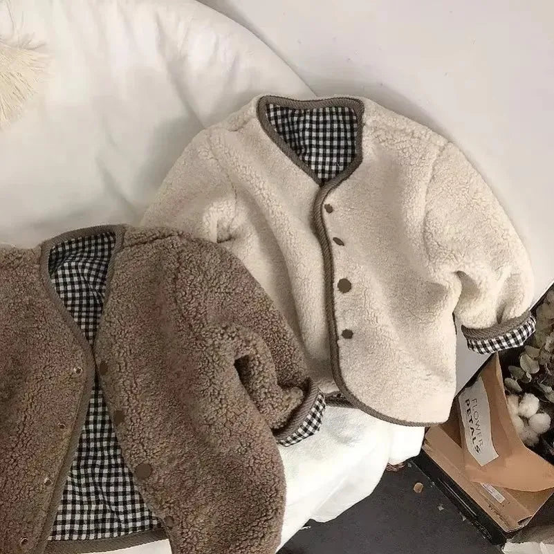 Reversible Plaid Plush Jacket - Warm Winter Coat for Kids - ZOOMNSTORE