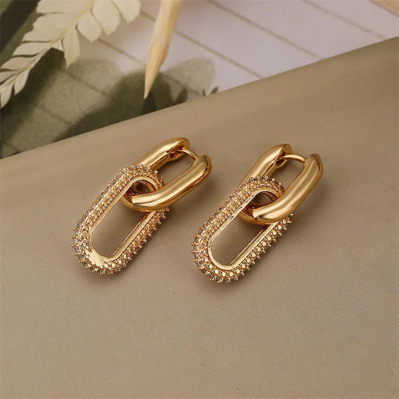 Rhinestone Geometric Earrings – Lightweight Fashion Hoop Earrings with Elliptical Double Rings - ZOOMNSTORE