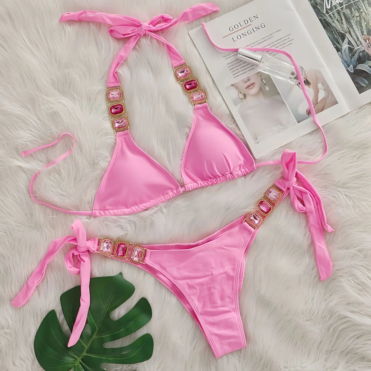 Rhinestone String Bikini - Womens Sexy 2 Piece Swimsuit for Beach Vacation - ZOOMNSTORE