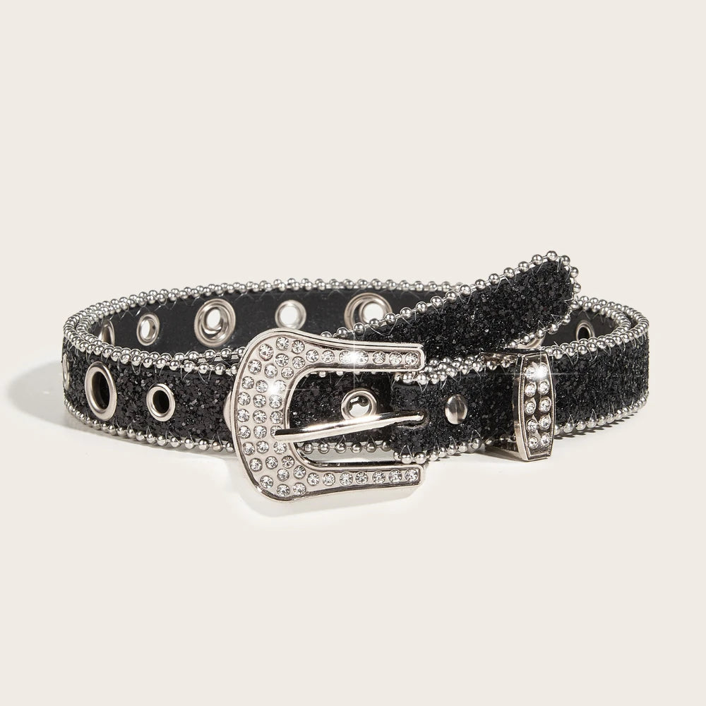 Rhinestone Western Cowgirl Belt - Y2K Sparkling PU Leather Accessory for Women - ZOOMNSTORE