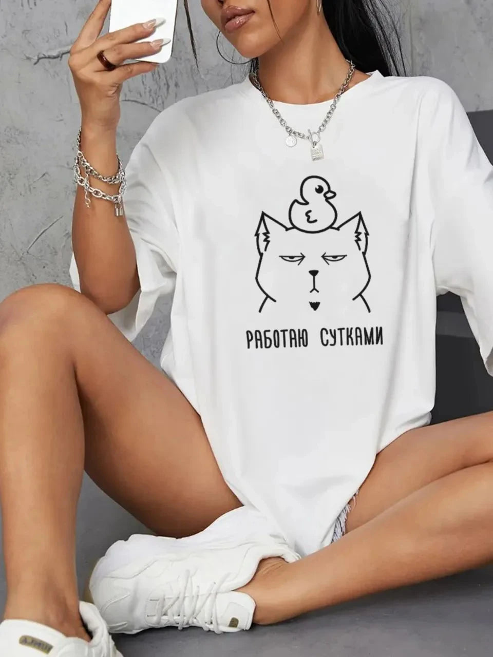 Russian Script T-Shirt - 100 Cotton Casual Summer Tee for Women - ZOOMNSTORE