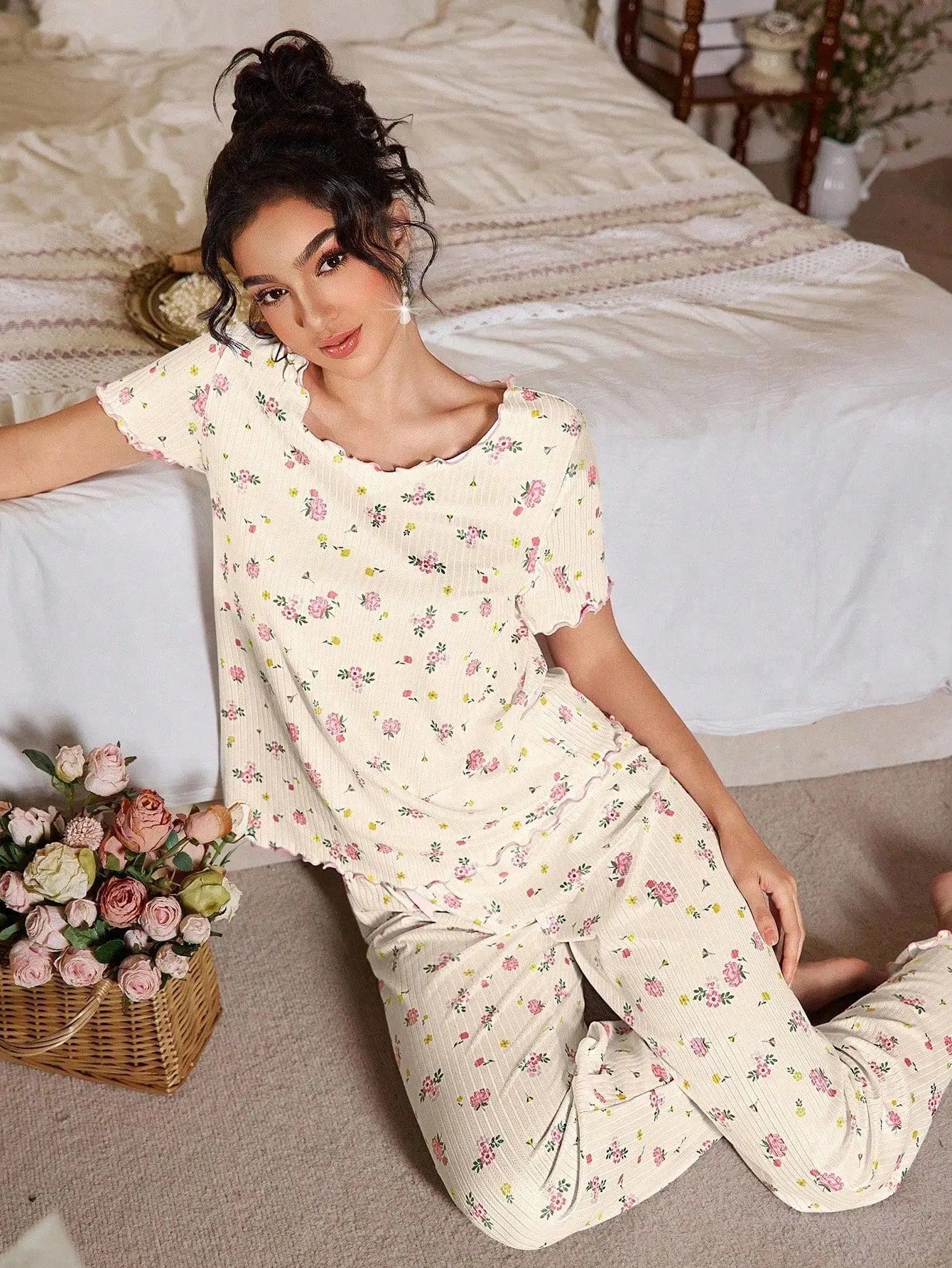 New European and American style loose-fitting women's pajamas, floral short-sleeved long pants home wear, casual two-piece set s