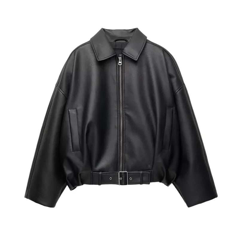 Vintage Leather Bomber Jacket – Women's PU Leather Zip Jacket With Belt & Patchwork Design