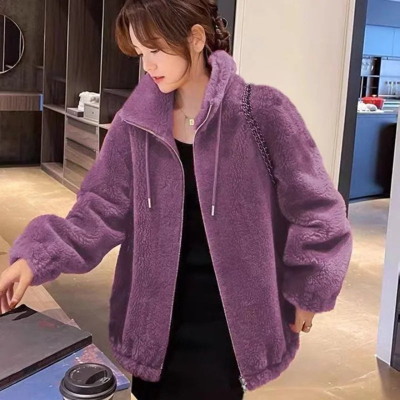 Fashion Women Winter Warm Double Coral Fleece Overcoat Solid Soft Plush Stand Collar Coats Ladies Long Sleeved Zipper Outerwears