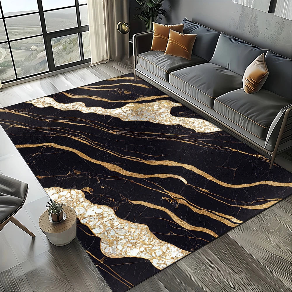 Marble Stone Carpet Rug - Modern Black White Gold Polyester Velvet Area Rug for Living Room
