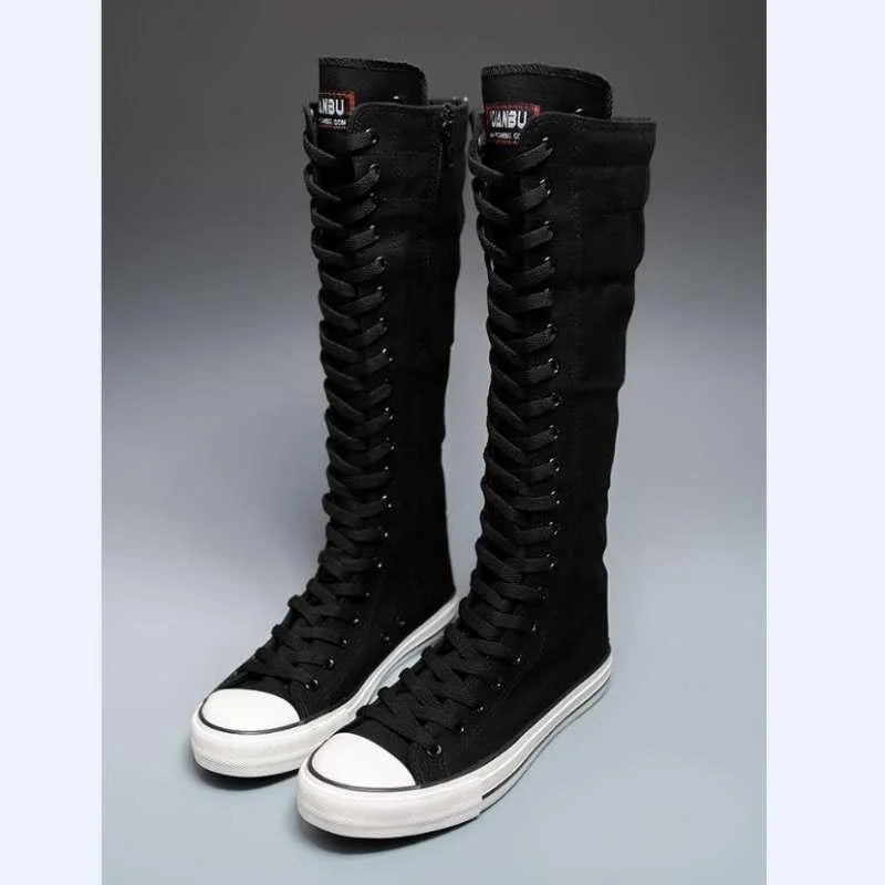 High Top Canvas Shoes - Women's Knee High Boots | Lace Up Flat Heel Canvas Footwear