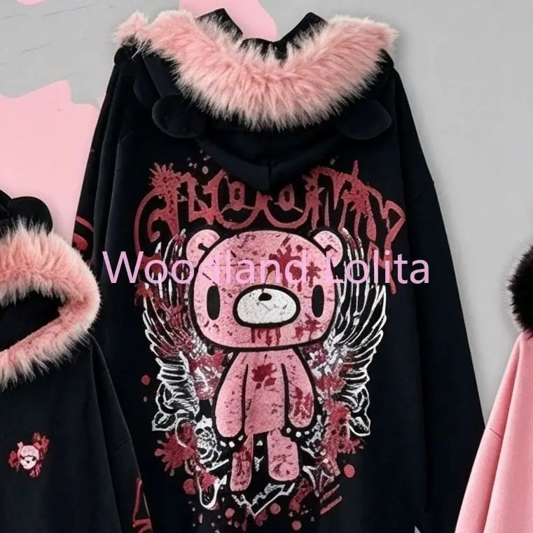 Autumn Winter Japanese Dark Gothic Hooded Coat Women Fur Collar Cartoon Bear Loose Hoodie Sweatshirts Y2K Coat Jacket Jirai Kei