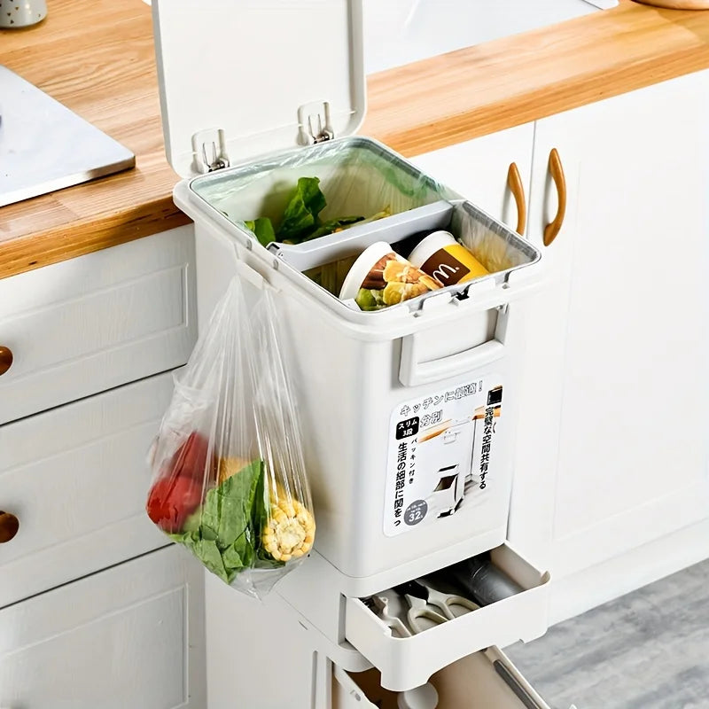 Large Dual-Compartment Trash Can - Durable Plastic Bin for DryWet Separation