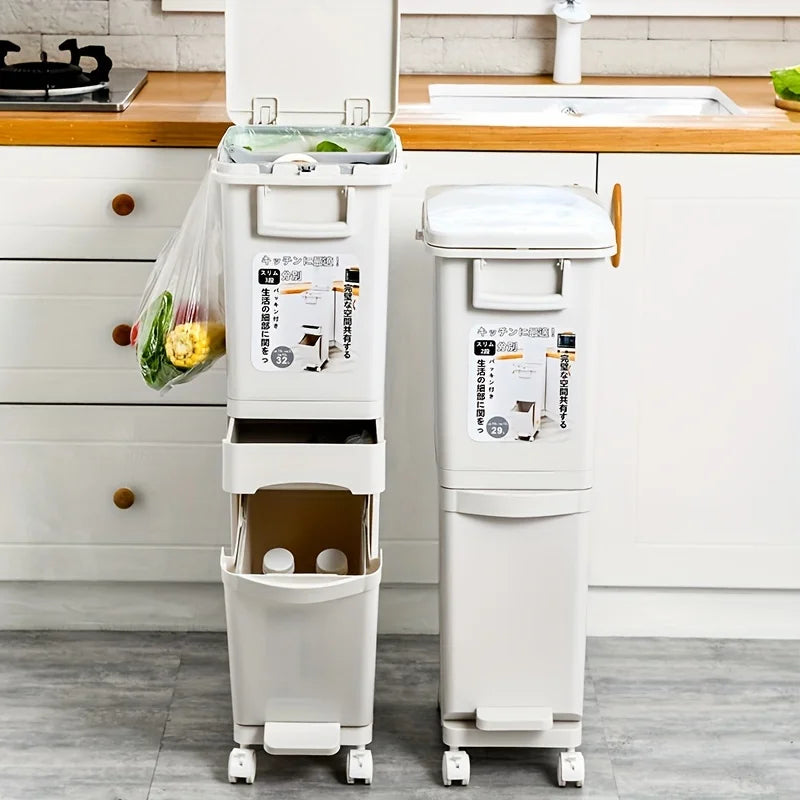Large Dual-Compartment Trash Can - Durable Plastic Bin for DryWet Separation