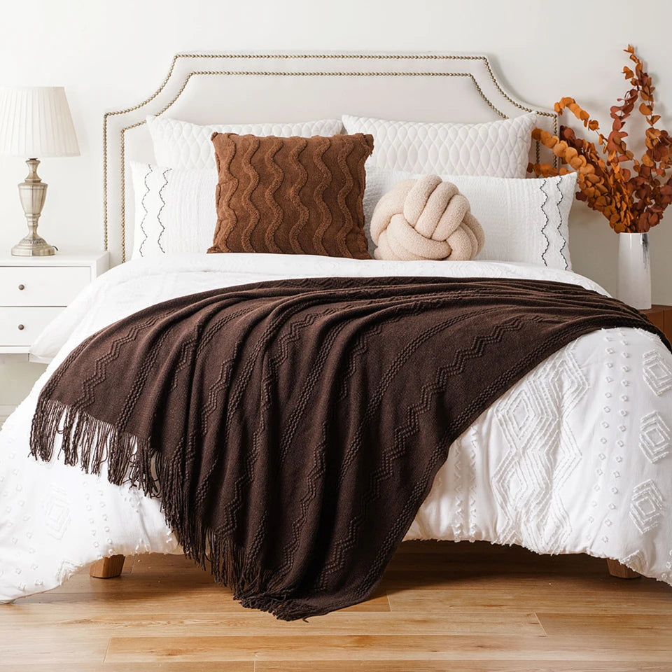 Caramel Knit Throw Blanket - Lightweight Plaid Blanket for Couch and Bed