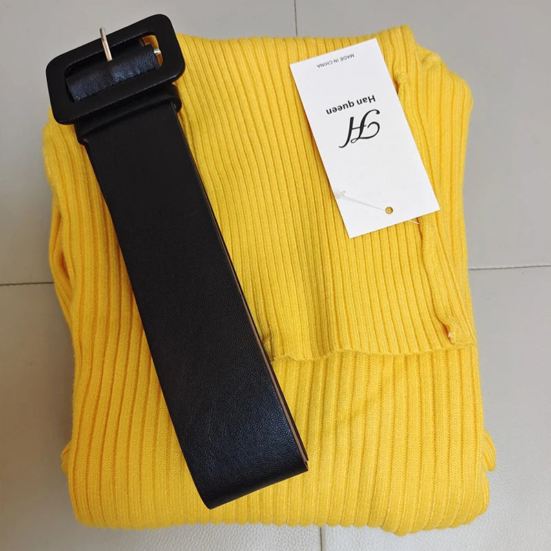 Knitted Turtleneck Bodycon Dress - Soft Elastic Midi Party Dress with Belt for Women