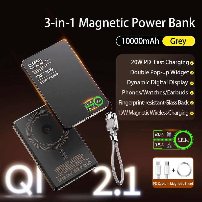 Magnetic Wireless Powerbank Qi 2.1 USB-C Fast Charging External Battery for iPhone 12-17 Pro Airpods Watch Xiaomi 10000mAh