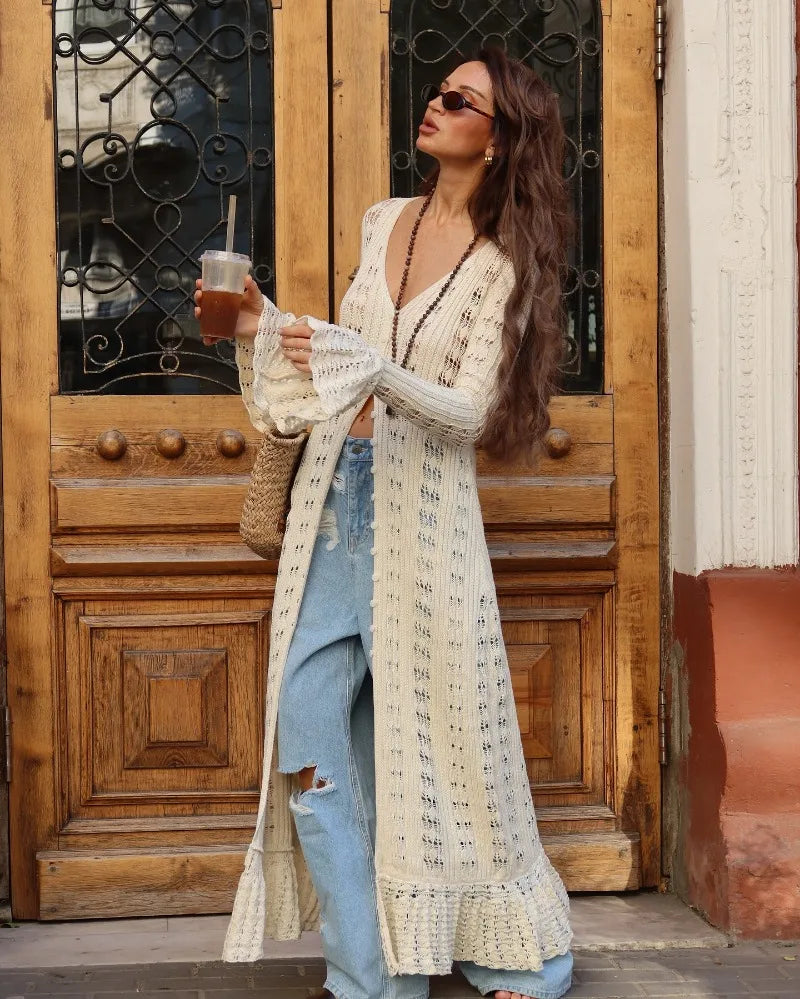Deep V Neck Long Cardigan Dress - Elegant Hollow Knit Cover Up for Women