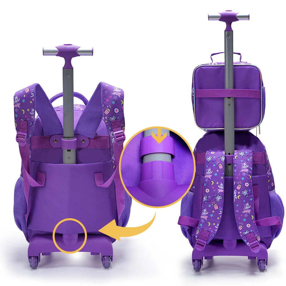 Rolling Backpack Set for Girls - Cute Cartoon Cat Wheeled Bookbag with Lunch Box Pen Bag - ZOOMNSTORE
