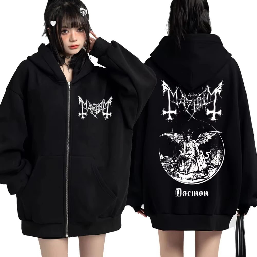 Rock Band Mayhem Daemon Album Zipper Hoodies Death Black Metal Harajuku Gothic Sweatshirt Men Women Fleece Y2k Sportwear Jackets