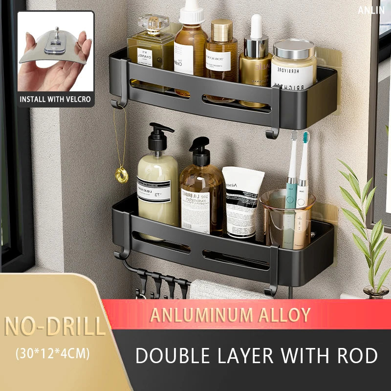 Aluminum Corner Shower Rack - Wall Mounted Bathroom Storage Organizer
