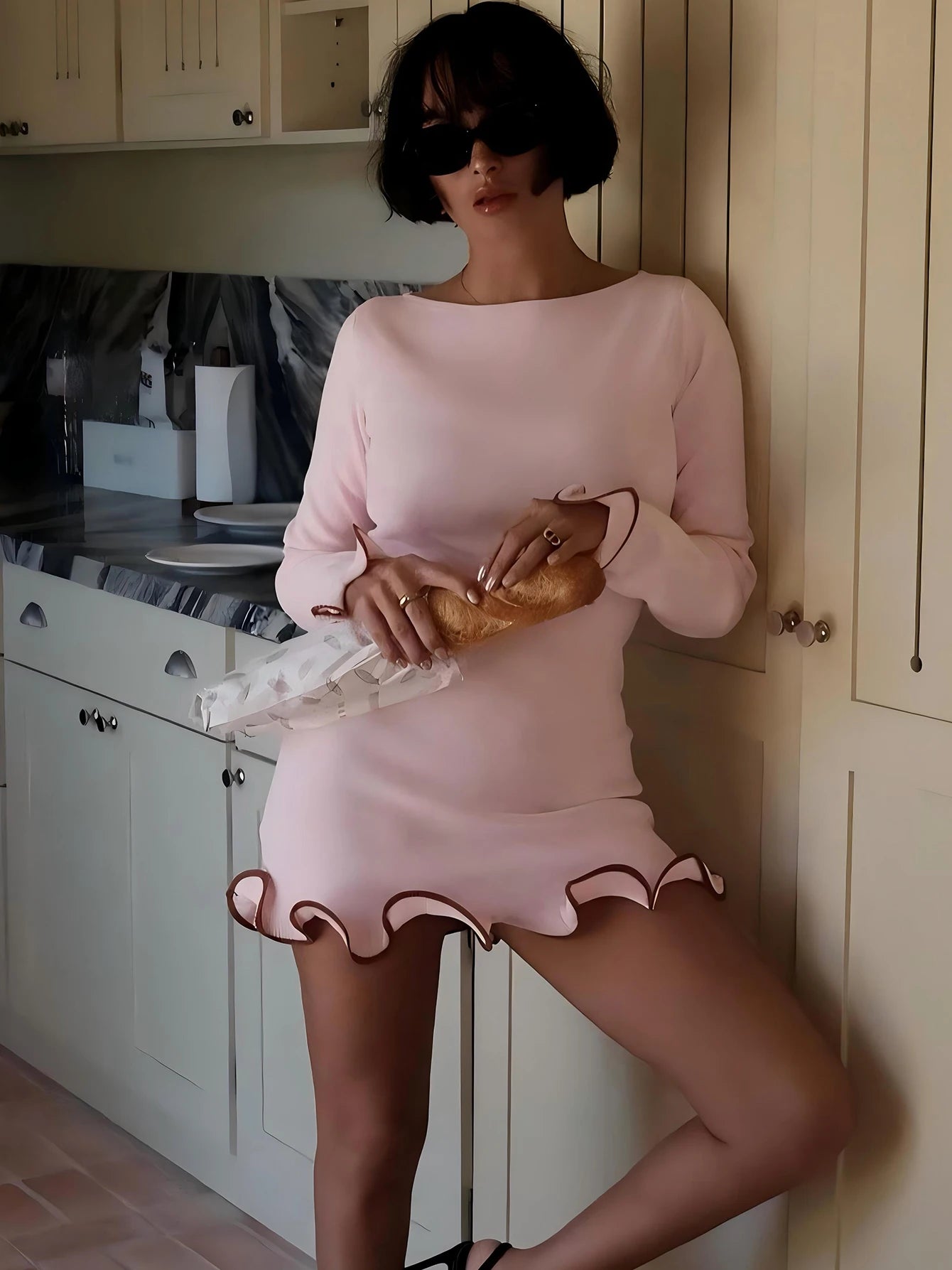 Elegant Bodycon Mini Dress - O-Neck Long Sleeves Ruffles for Party Streetwear