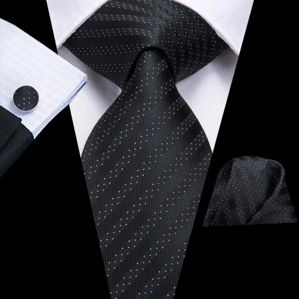 Black Floral Silk Wedding Tie Set - Elegant Necktie with Handkerchief Cufflinks for Men