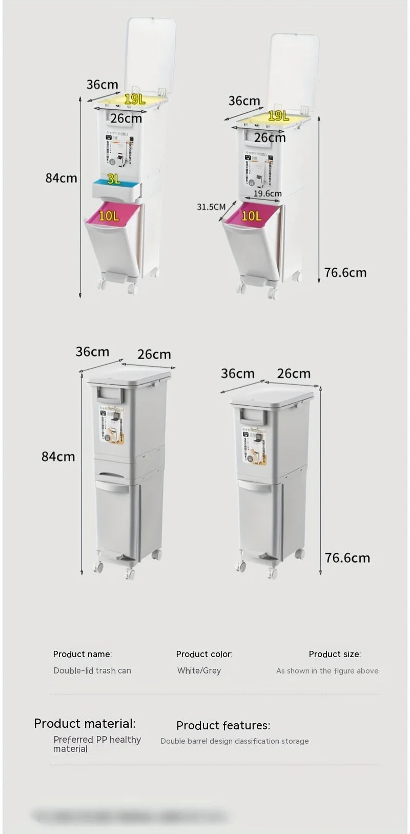 Large Dual-Compartment Trash Can - Durable Plastic Bin for DryWet Separation