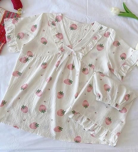 Japanese Kawaii Lolita Style Strawberry Embroidery Pajamas Set Ladies Short Sleeve Tops Shorts Sweet Summer Homewear Outfit