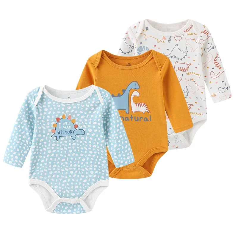 Baby Bodysuit Cotton - Newborn Onesies 3 Pcs Long Sleeve Soft Infant Bodysuits