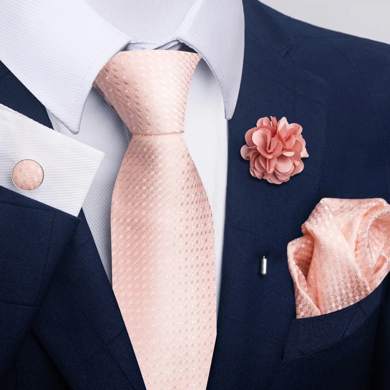 Luxury Mens Floral Black Gold Tie Set - Paisley Necktie Pocket Square Cufflinks Brooch for Weddings and Parties