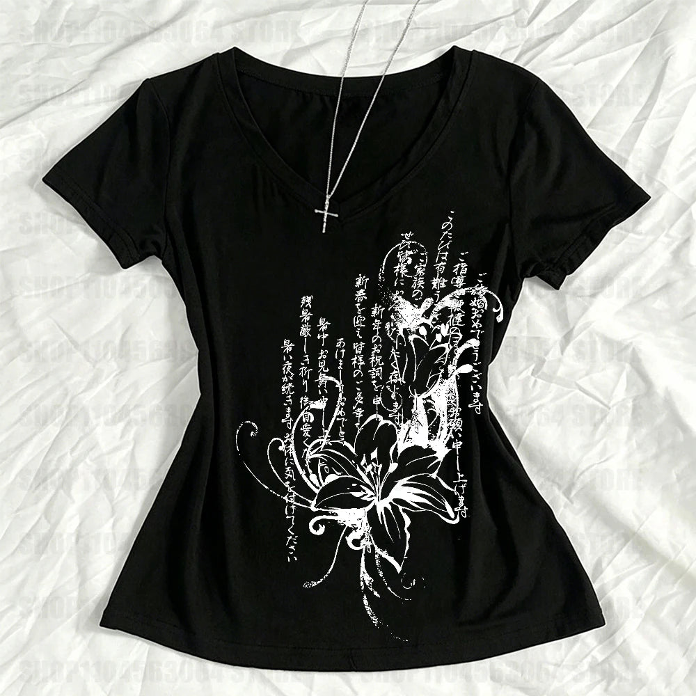 Women's Tee Shirt Summer Gothic Print T-Shirt Short Sleeve Slim Fit Graphic Tops 2000s Grunge E-girls Korean Style Streetwear