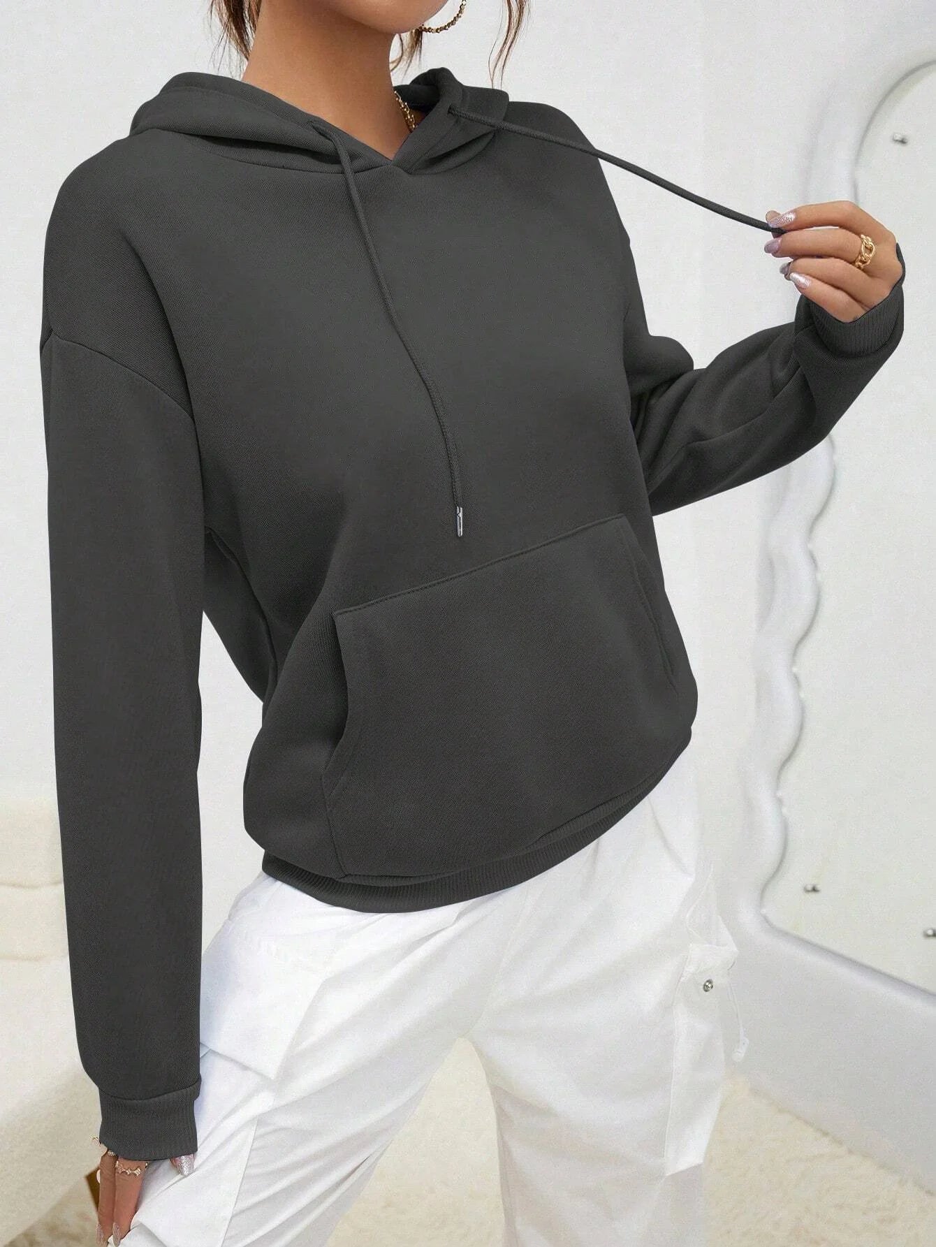 Casual Solid Color Hoodie for Women - Fleece Pocket Pullover