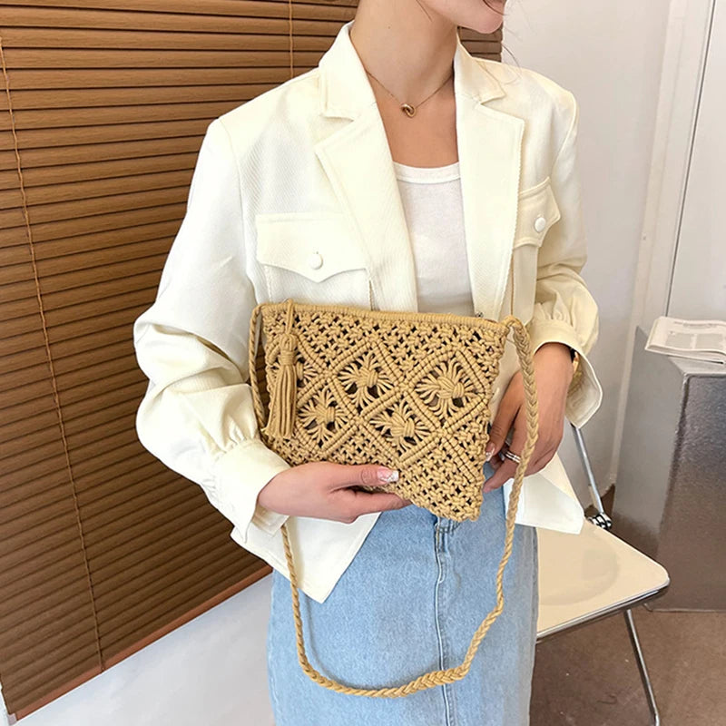 Handmade Cotton Crossbody Bag - Vintage Tassel Shoulder Messenger for Women Summer Beach Handbag 2023
