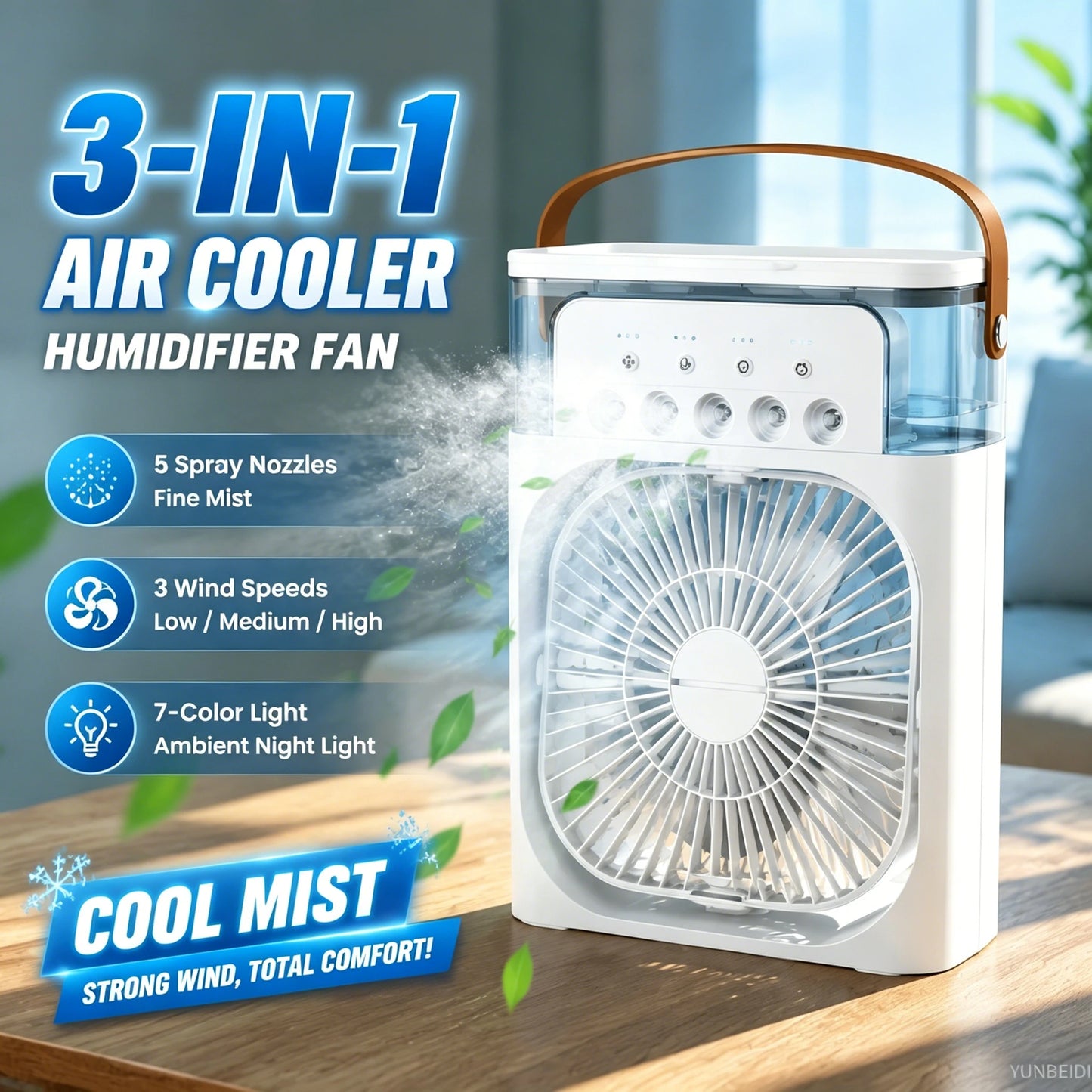 Portable 3-in-one Fan Air Conditioner with LED Light Humidifier and Timing Function Desktop Spray Fan for Home Office