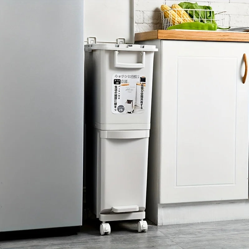 Large Dual-Compartment Trash Can - Durable Plastic Bin for DryWet Separation