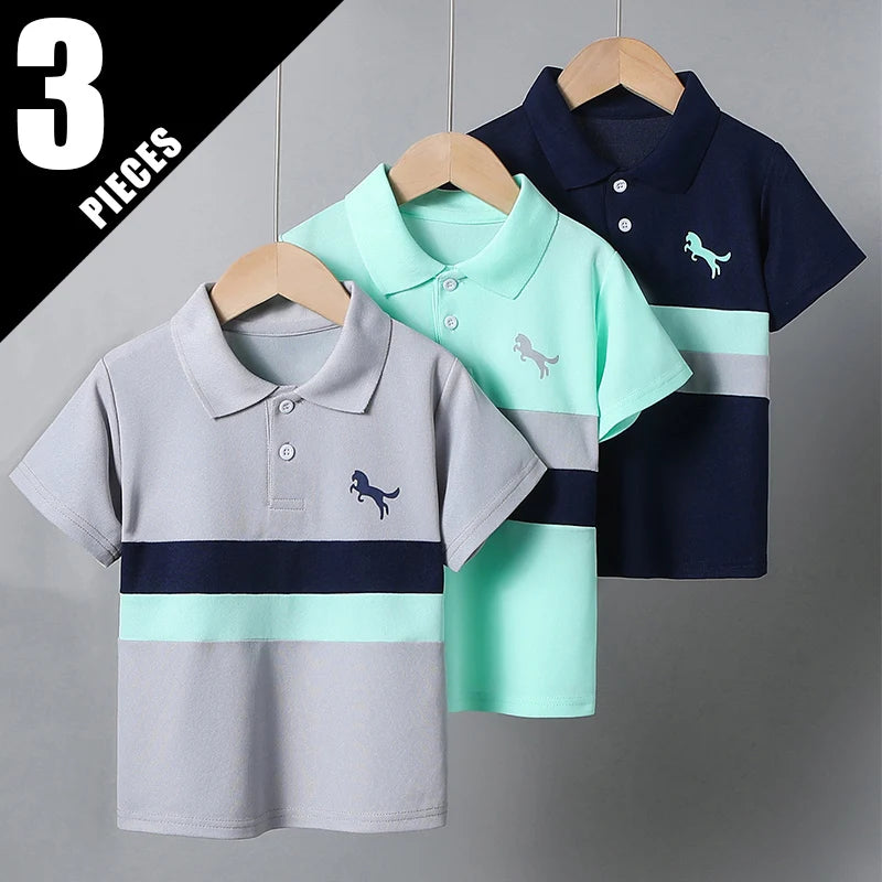 1/2/3 piece set of children's striped multi-color POLO short sleeved boy handsome casual lapel button top versatile sports T-shi