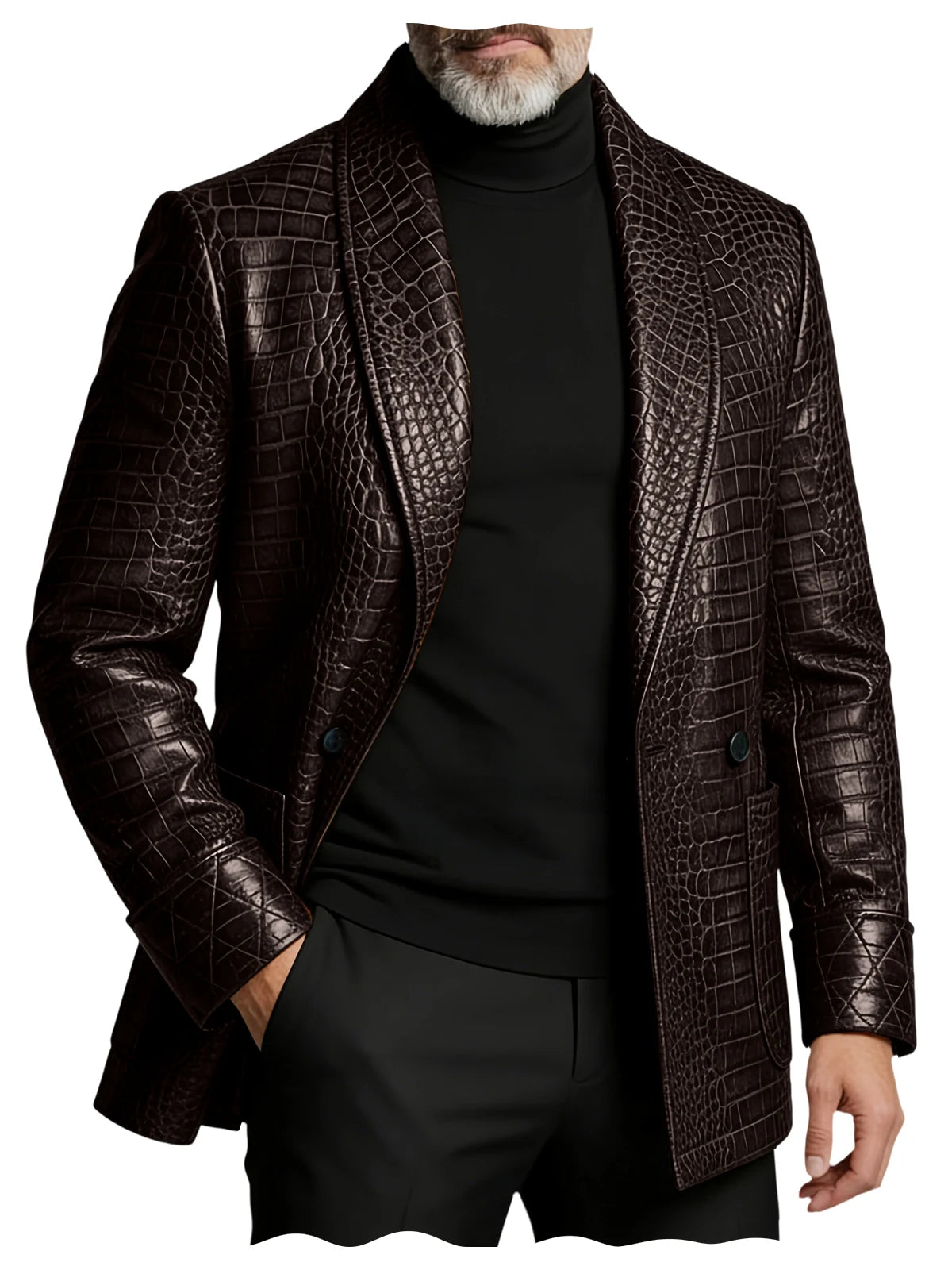 Men's Crocodile Embossed Leather Blazer Double Breasted Business Casual Brown Jacket Office Wear Formal Plus Size Suit Coat
