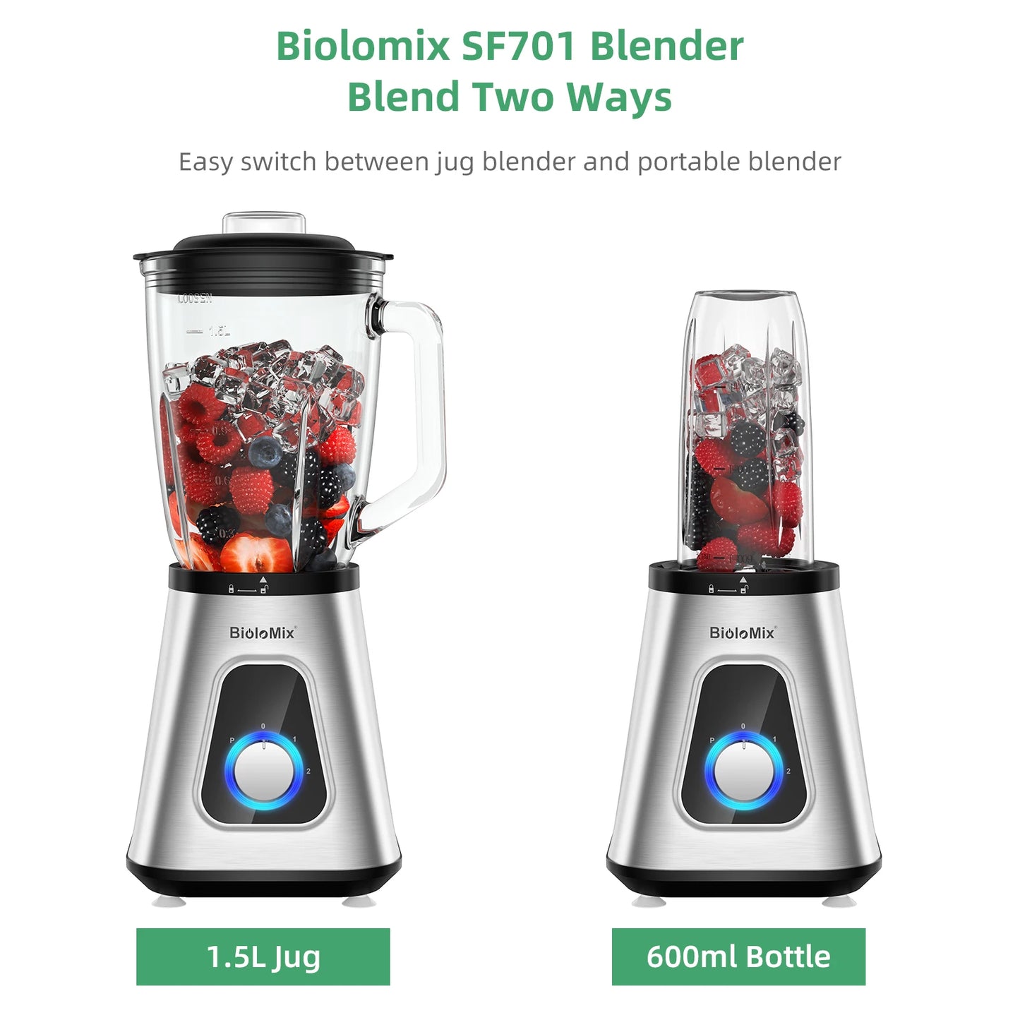 BioloMix 1300W Smoothie Blender - 15L Glass Jar for Frozen Drinks Sauces