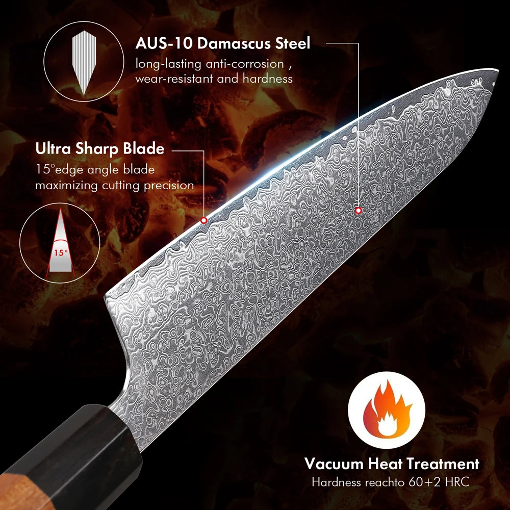 Damascus Steel Japanese Chef Knife - Hand Forged Santoku Sashimi Blade