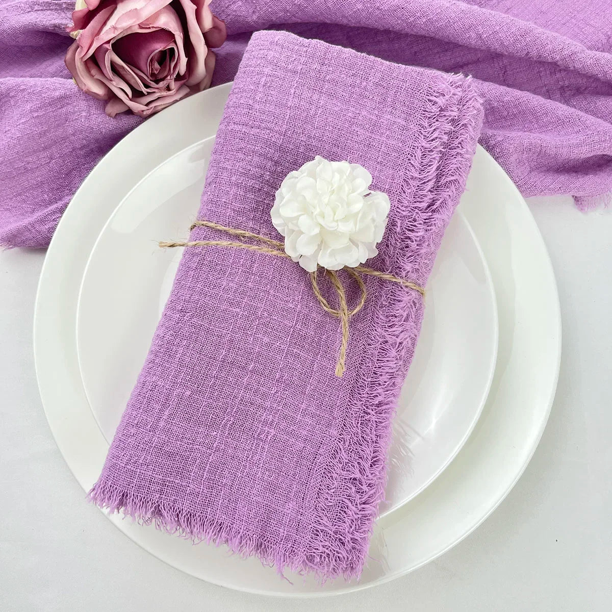 Reusable Cotton Wedding Napkins - 10pcs Green Trim Rustic Party Decor
