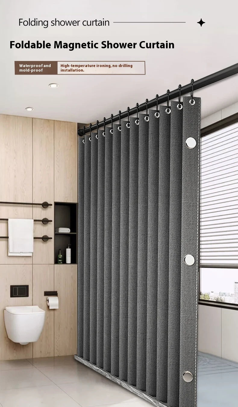 Folding Linen Shower Curtain - Waterproof with Magnets for Walk-in Showers - ZOOMNSTORE