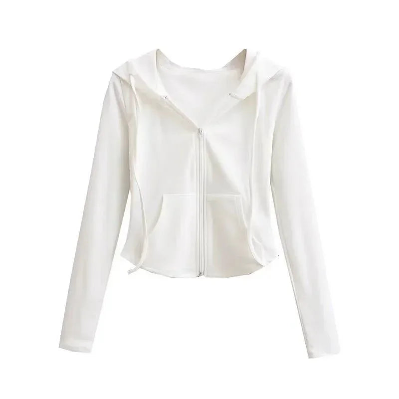 Lucyever Cropped Hooded Zip-Up Jacket Women Autumn New Slim Long Sleeve Y2K Sweatshirts Female Solid Streetwear Sports Hoodies