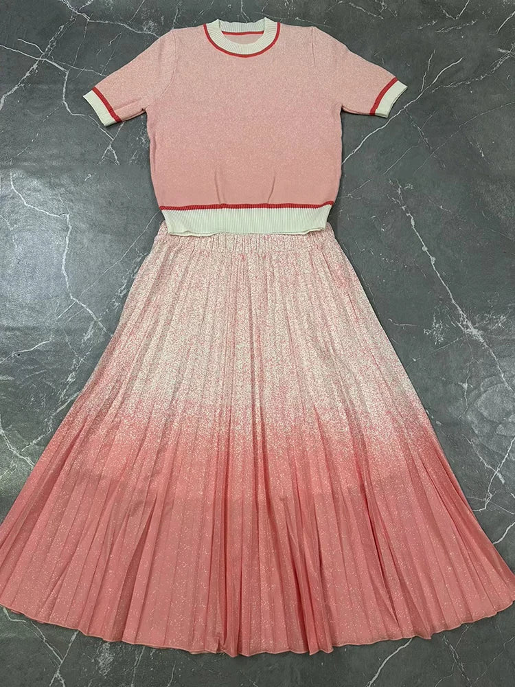 Designer retro geometric print T-neck knitted pullover two-piece 2026 summer women's dress+loose pleated skirt fashion suit