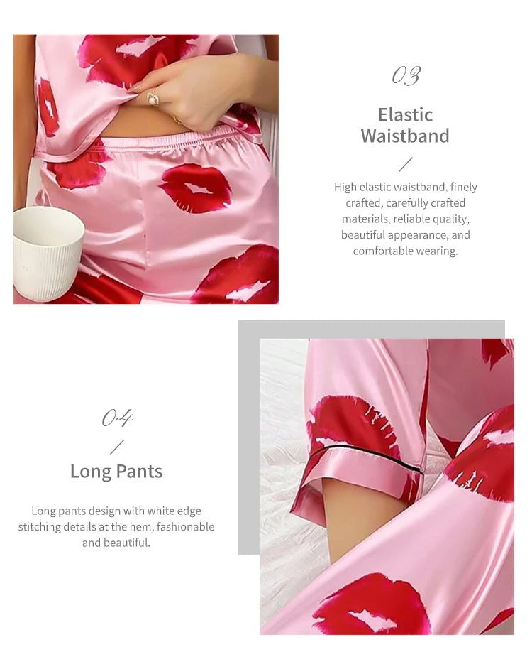 Women's Satin Pajama Set with Lip Print V-Neck Cami Top and Elastic Pants For Women Pijama Comfortable Sleep and Loungwear