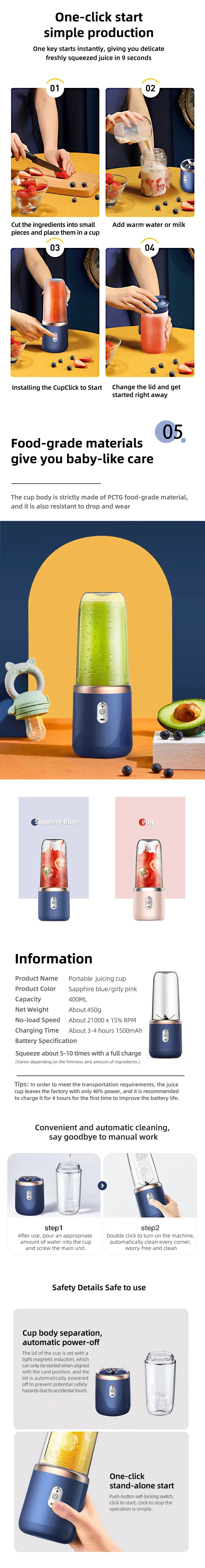 Portable USB Fruit Juicer Blender - 2 Cups 6 Blades Wireless Mixer