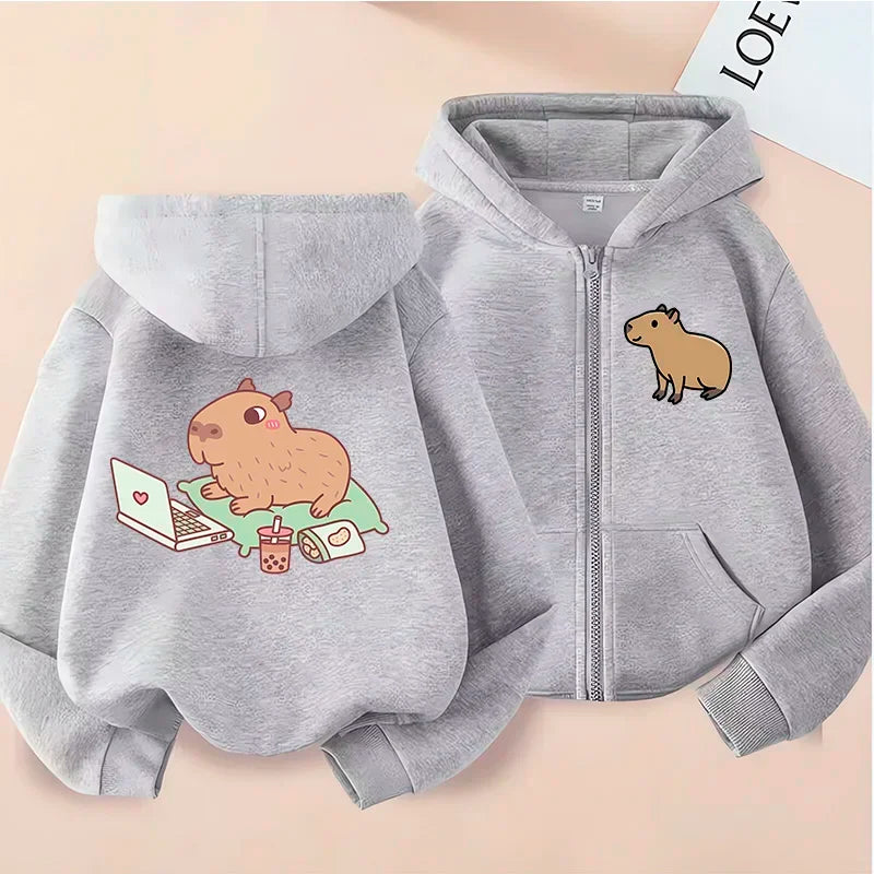 Kawaii Capybara Zip Up Hoodie - Childrens Manga Sweatshirt for Kids - ZOOMNSTORE