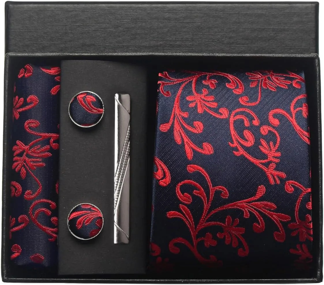 Silk Necktie Set - Paisley Floral Tie with Pocket Square Tie Clip Cufflinks for Men in Gift Box