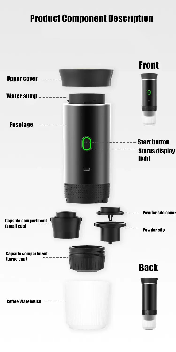 Portable 3-in-1 Wireless Espresso Coffee Maker for Car Home - ZOOMNSTORE