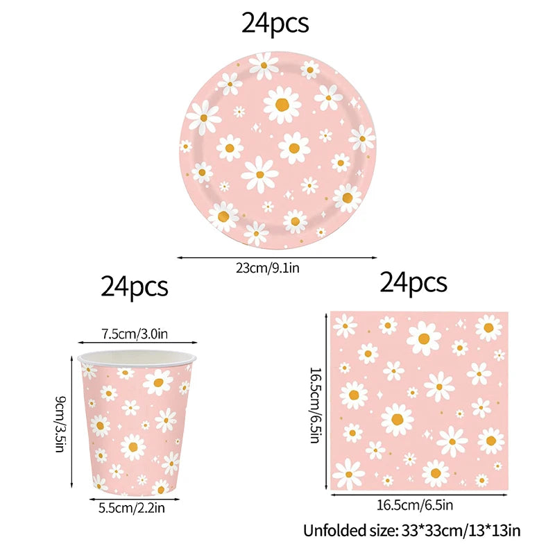 Pink Daisy Disposable Tableware Set - 24pcs Plates Napkins Straws for Birthday Baby Shower Wedding Decor