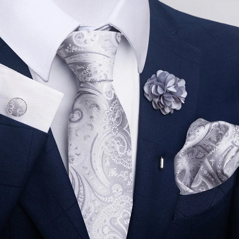 Luxury Mens Floral Black Gold Tie Set - Paisley Necktie Pocket Square Cufflinks Brooch for Weddings and Parties