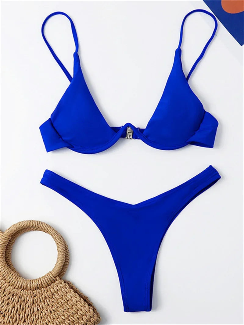 Sexy Red Underwire Bikini - Push Up Bra Thong Swimsuit with V Neck Design - ZOOMNSTORE