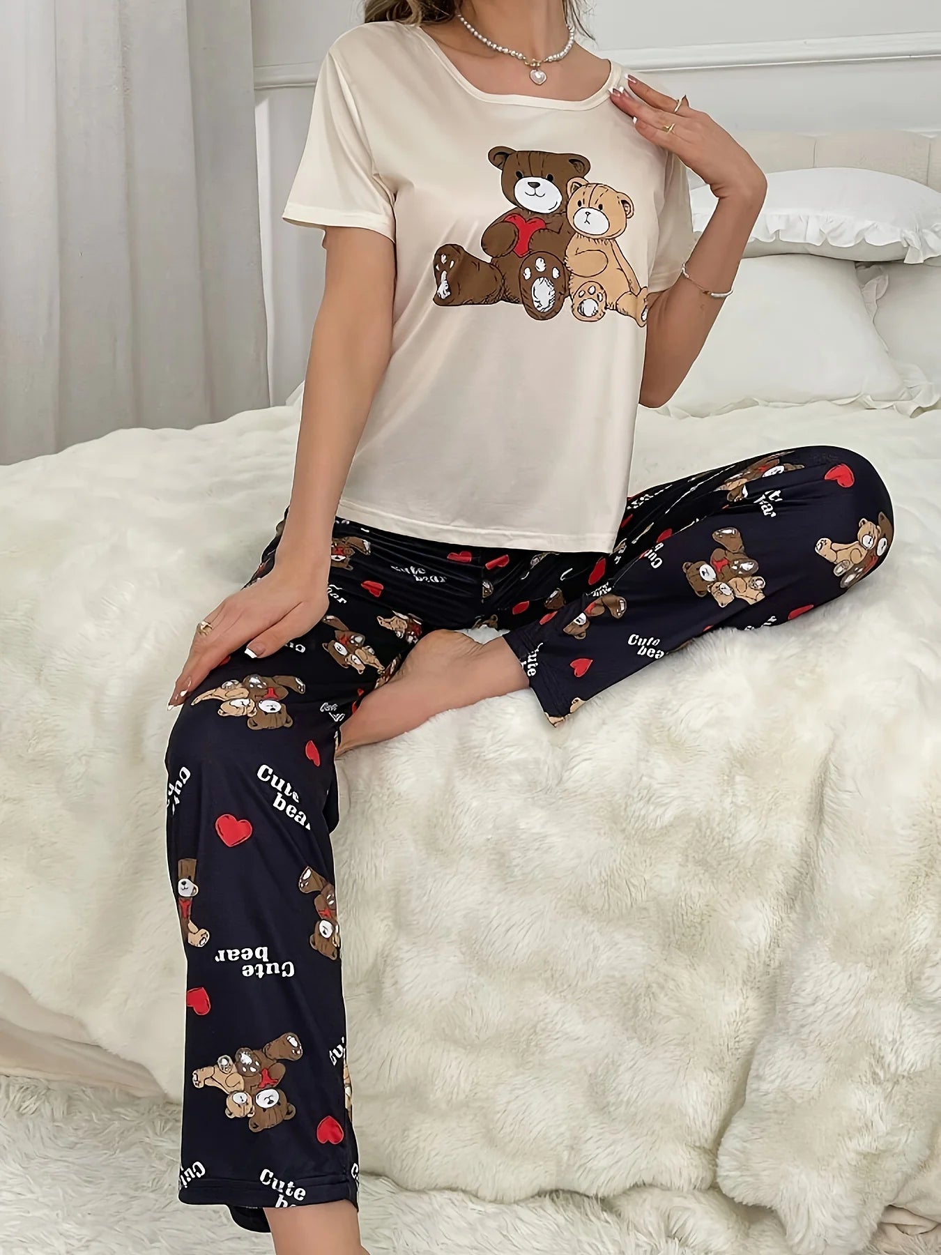 Standard Size Women's Four Seasons Spring and Summer Casual Loose Casual Cartoon Printed Short-Sleeved Shorts Women's Pajamas Set